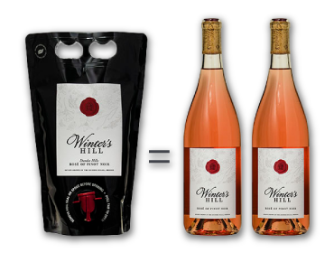 One Winter's Hill Rose' of Pinot noir Eco-pack has the same amount of wine as two 750ml glass bottles.
