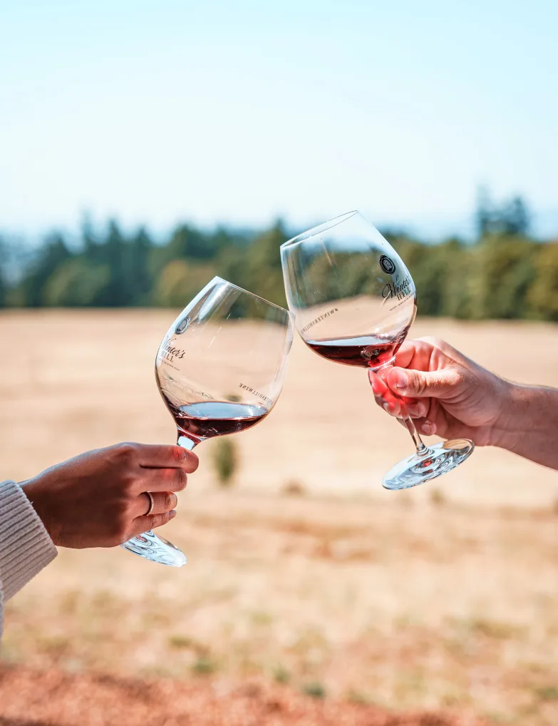 Two Winter’s Hill Estate guests toasting wine glasses with Pinot noir https://wintershillwine.com/story/bringing-oregon-wine-to-you/